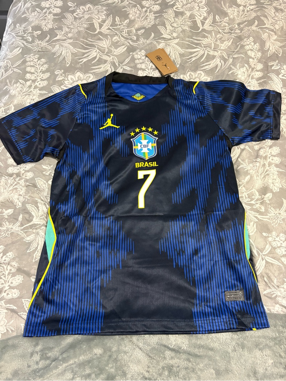 Jordan Brasil #7 Navy and Royal Blue Soccer Jersey with Yellow Accents